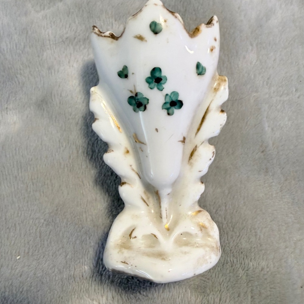 Vintage Miniature Porcelain Bud Vase Hand Painted Floral Green w/Gold Trim 3.25"